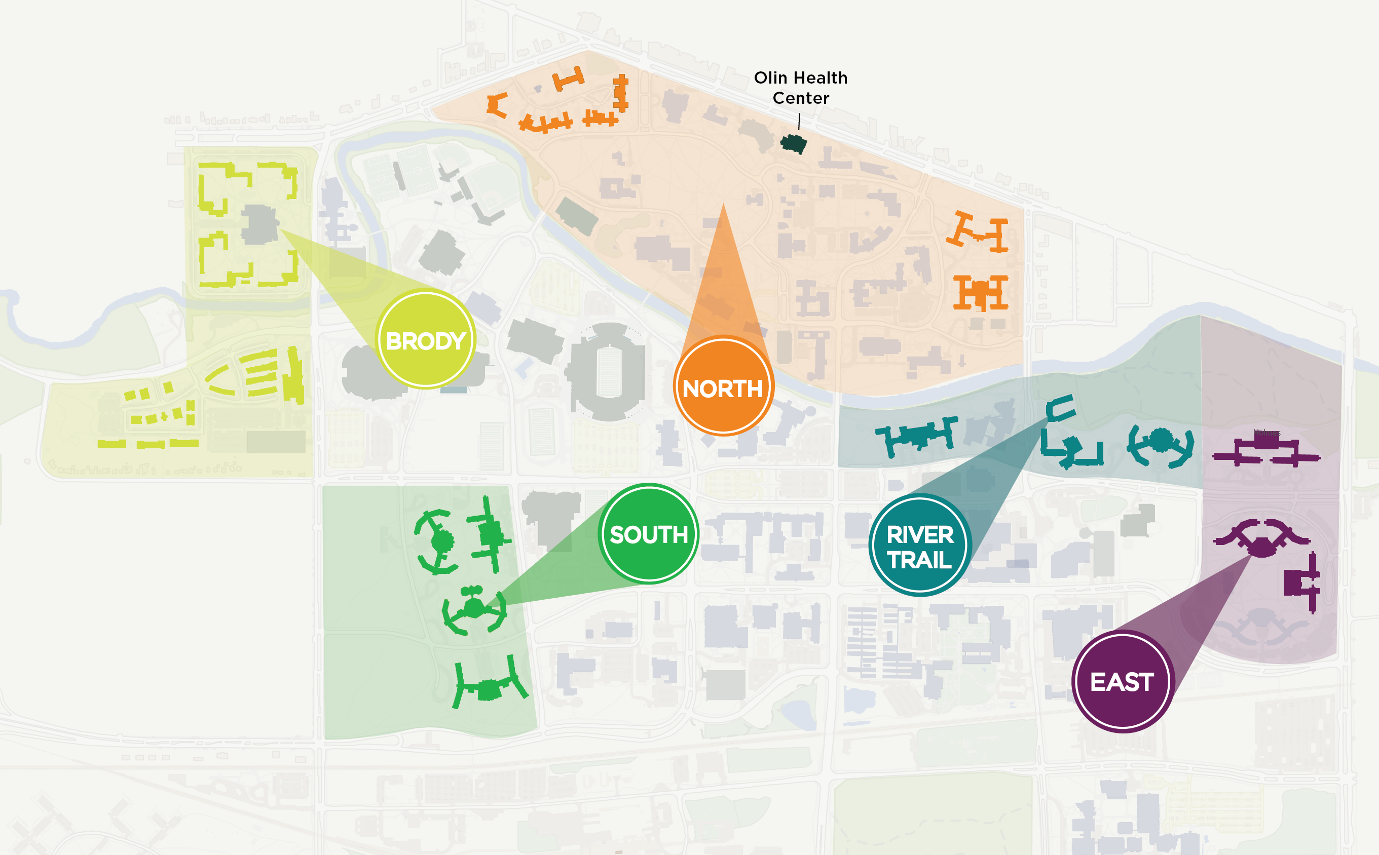 Map of campus with Olin Health Center and the neighborhoods highlighted