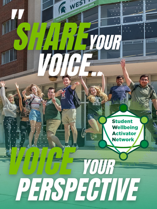 msu students jumping in the air in front of a residence hall with the words "Share your voice, Voice your perspective"